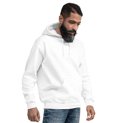 Man wearing a plain white hoodie and jeans, representing casual style.