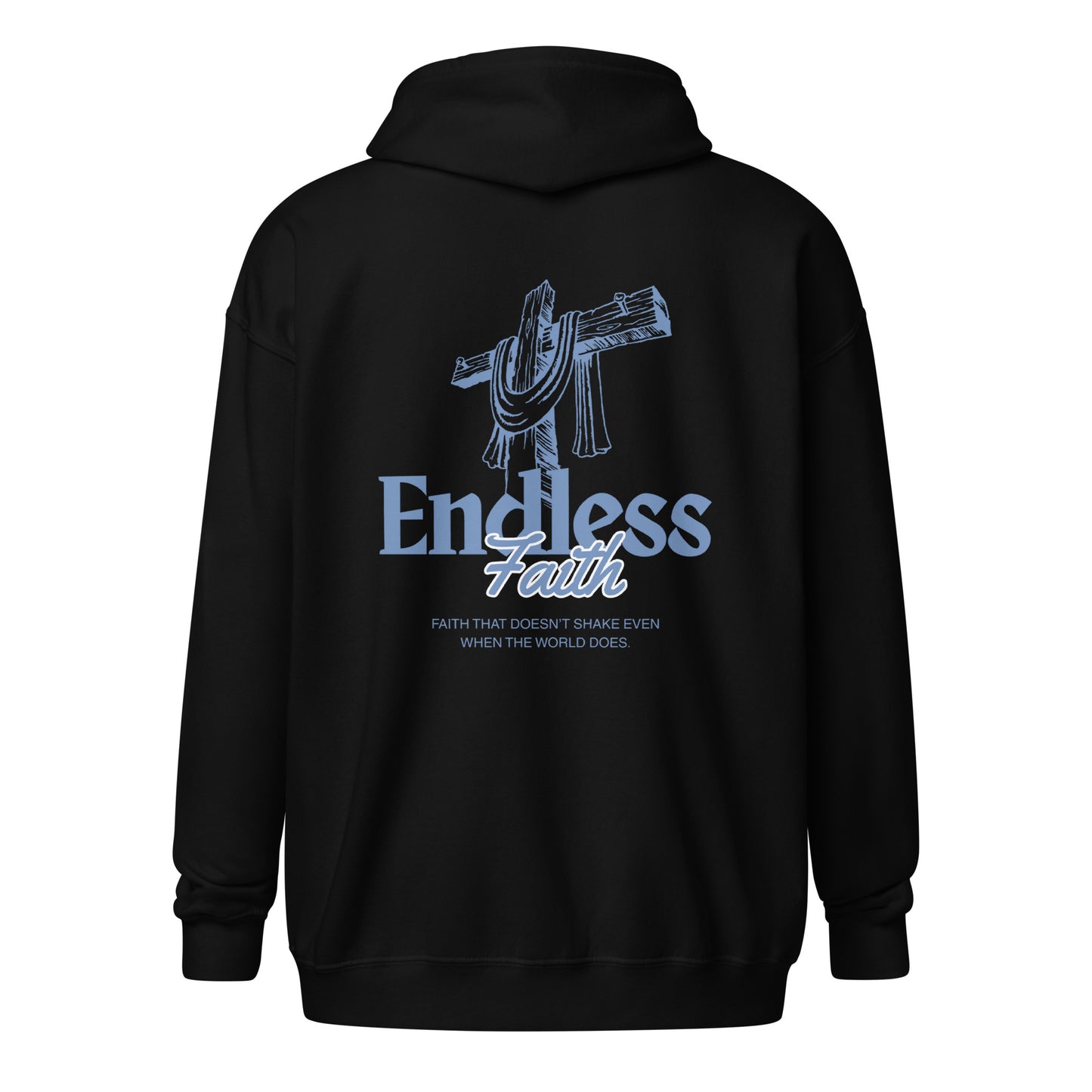 Christian Zipper "Endless Faith" Hoodie - Black, featuring a cross design. Comfortable and stylish fleece. Christliches Shirt for all seasons.