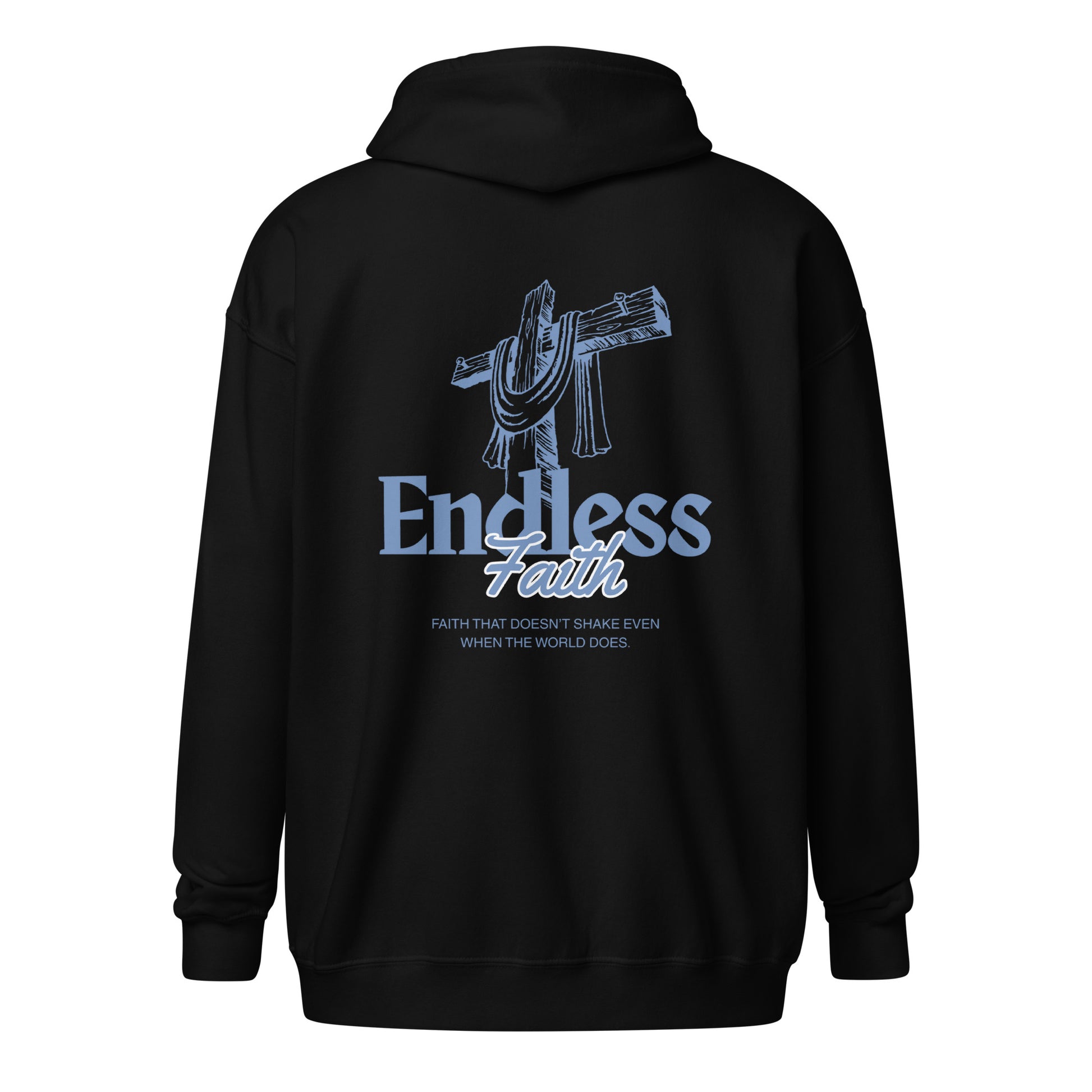 Christian Zipper "Endless Faith" Hoodie - Black, featuring a cross design. Comfortable and stylish fleece. Christliches Shirt for all seasons.