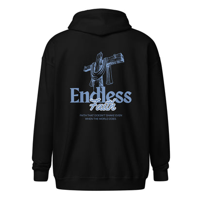 Christian Zipper "Endless Faith" Hoodie - Black, featuring a cross design. Comfortable and stylish fleece. Christliches Shirt for all seasons.