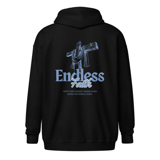 Christian Zipper "Endless Faith" Hoodie - Black, featuring a cross design. Comfortable and stylish fleece. Christliches Shirt for all seasons.