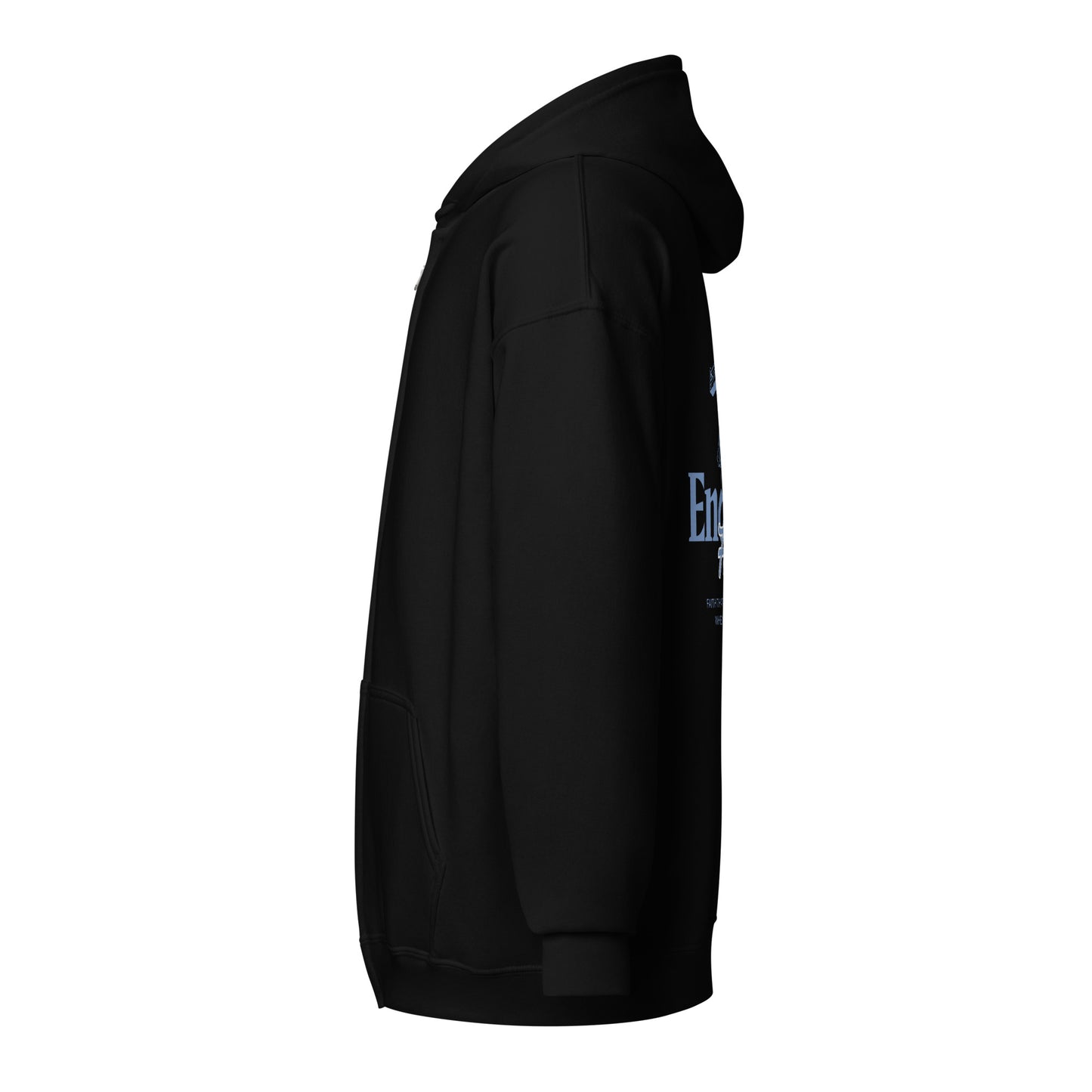 Side view of Christian Zipper "Endless Faith" Hoodie with christliches Shirt design, featuring fleece interior and metal zipper.
