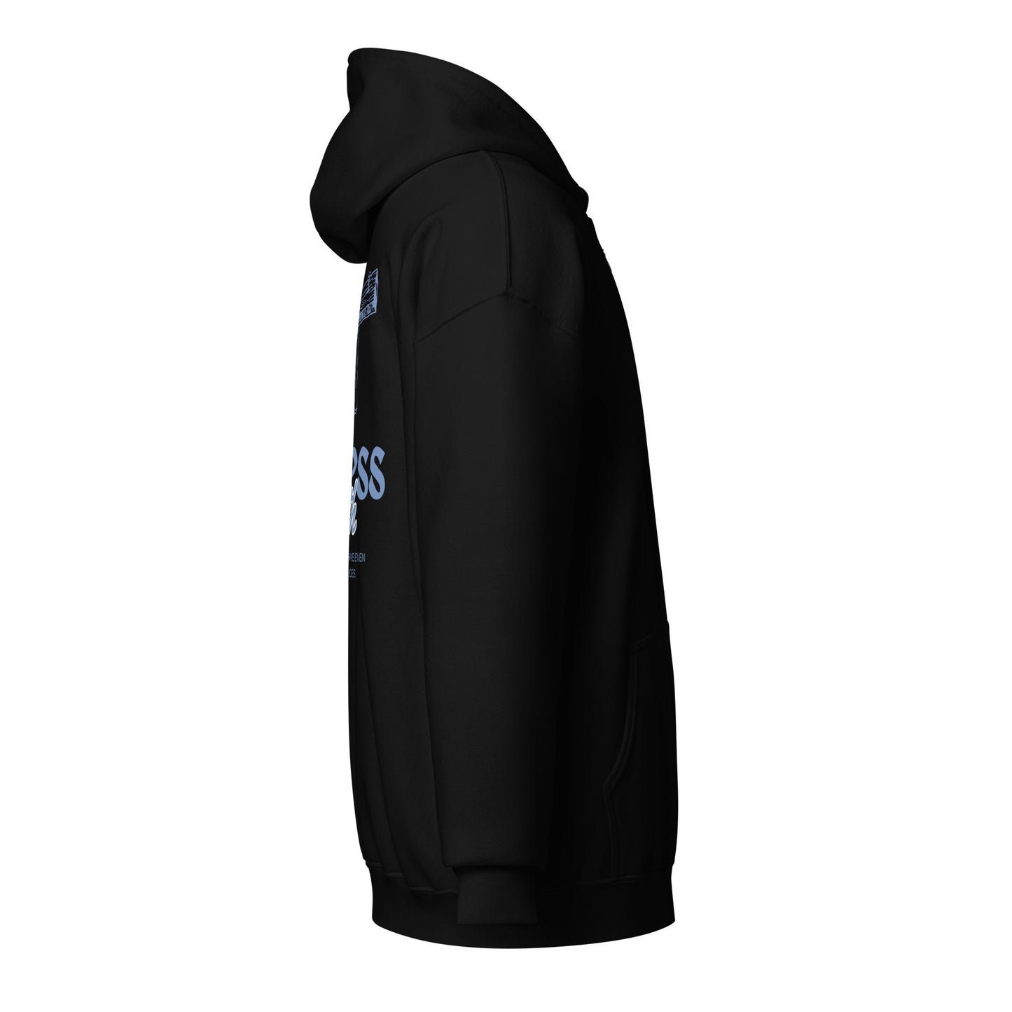 Black hoodie side view featuring Christian Zipper "Endless Faith" design, soft fleece interior, and practical front pockets for style and comfort.
