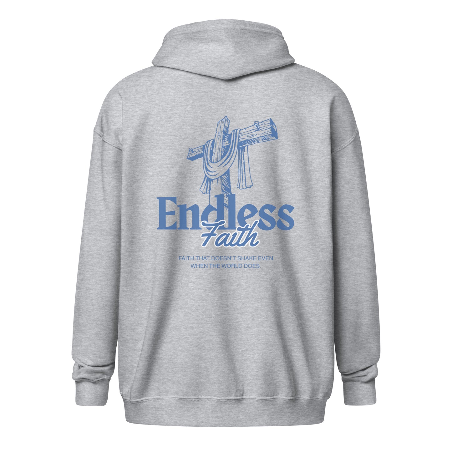 Christian Zipper "Endless Faith" hoodie, gray with blue design, featuring front zipper, practical pockets, and soft fleece fabric.