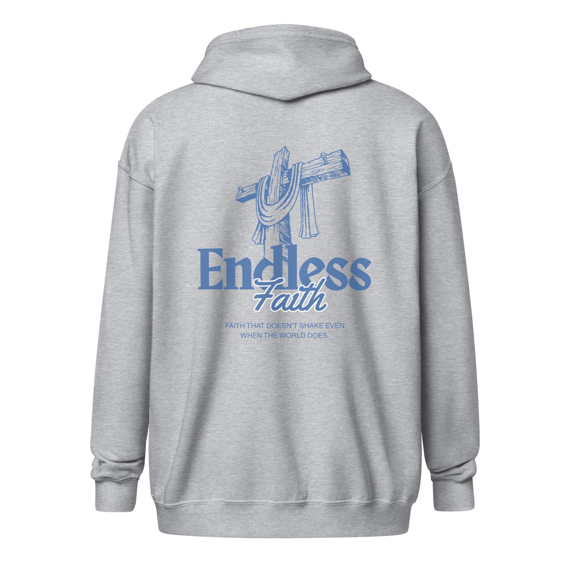 Christian Zipper "Endless Faith" hoodie, gray with blue design, featuring front zipper, practical pockets, and soft fleece fabric.