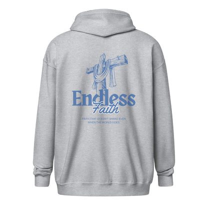 Christian Zipper "Endless Faith" hoodie, gray with blue design, featuring front zipper, practical pockets, and soft fleece fabric.