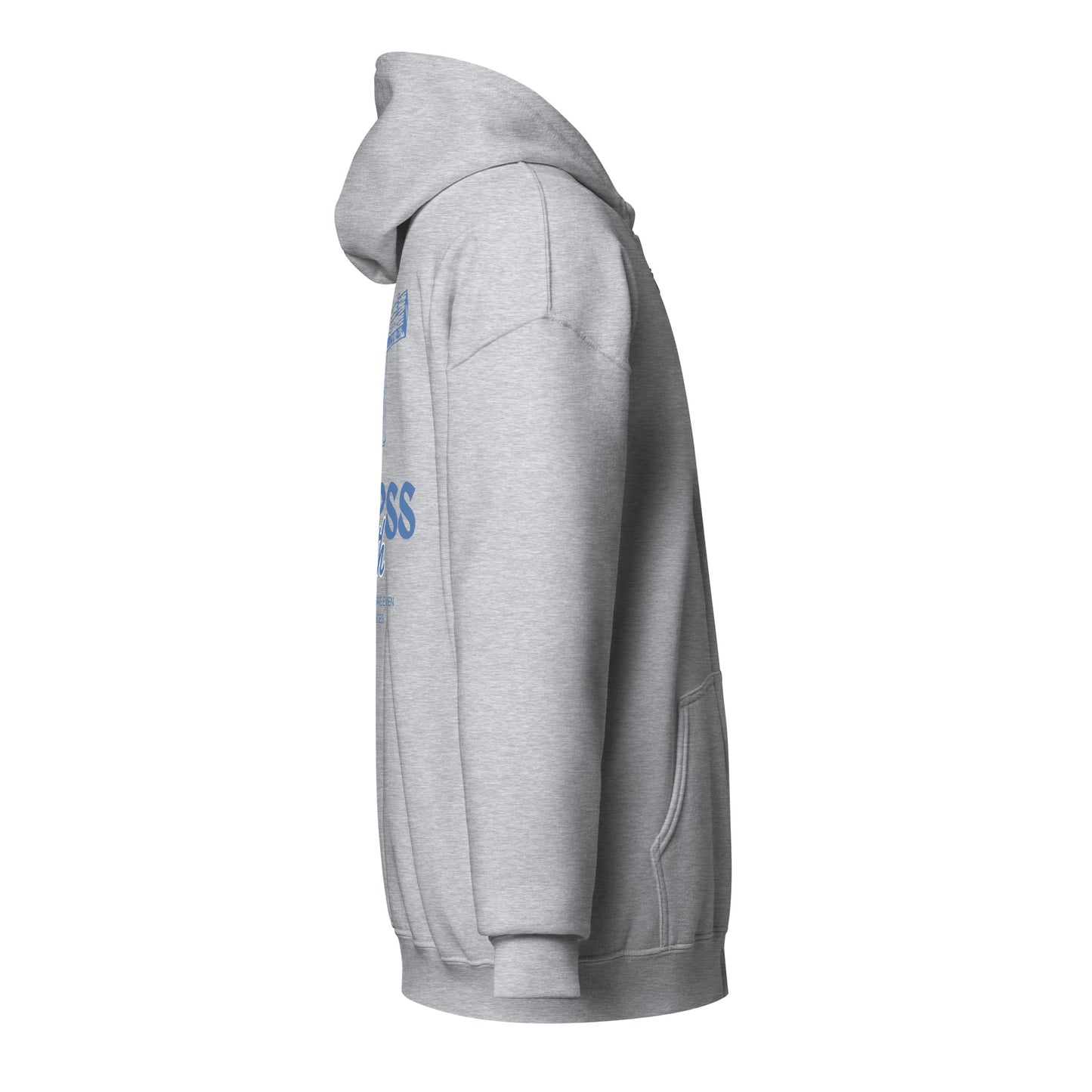Christian Zipper "Endless Faith" Hoodie, side view, gray fleece with front pockets, hood and metallic zipper, christliches Shirt.
