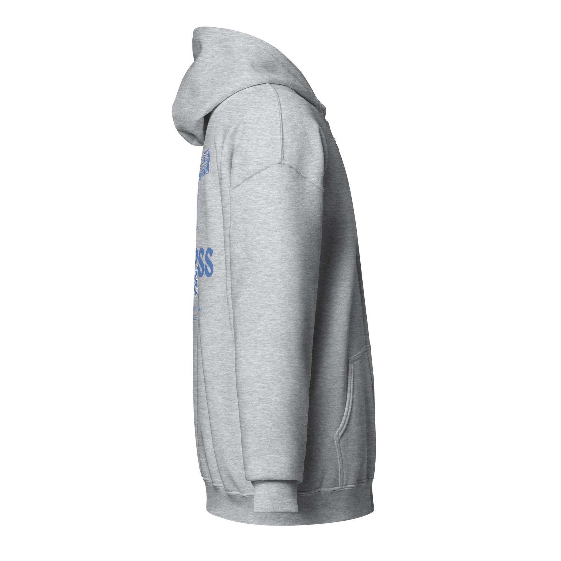 Christian Zipper "Endless Faith" Hoodie, side view, gray fleece with front pockets, hood and metallic zipper, christliches Shirt.