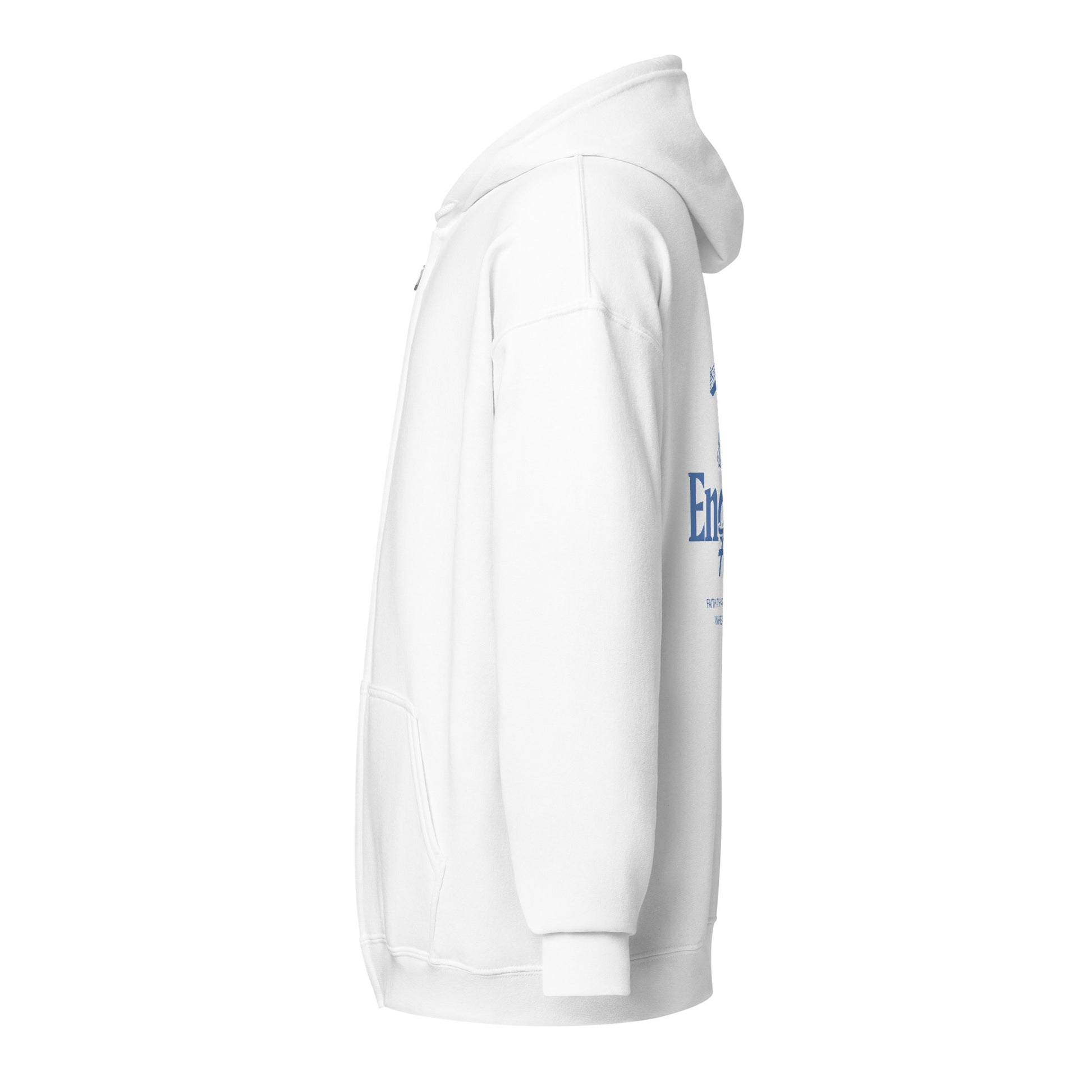 Christian Zipper "Endless Faith" white hoodie showcasing side view with robust zipper and fleece comfort, a stylish Christliches Shirt.