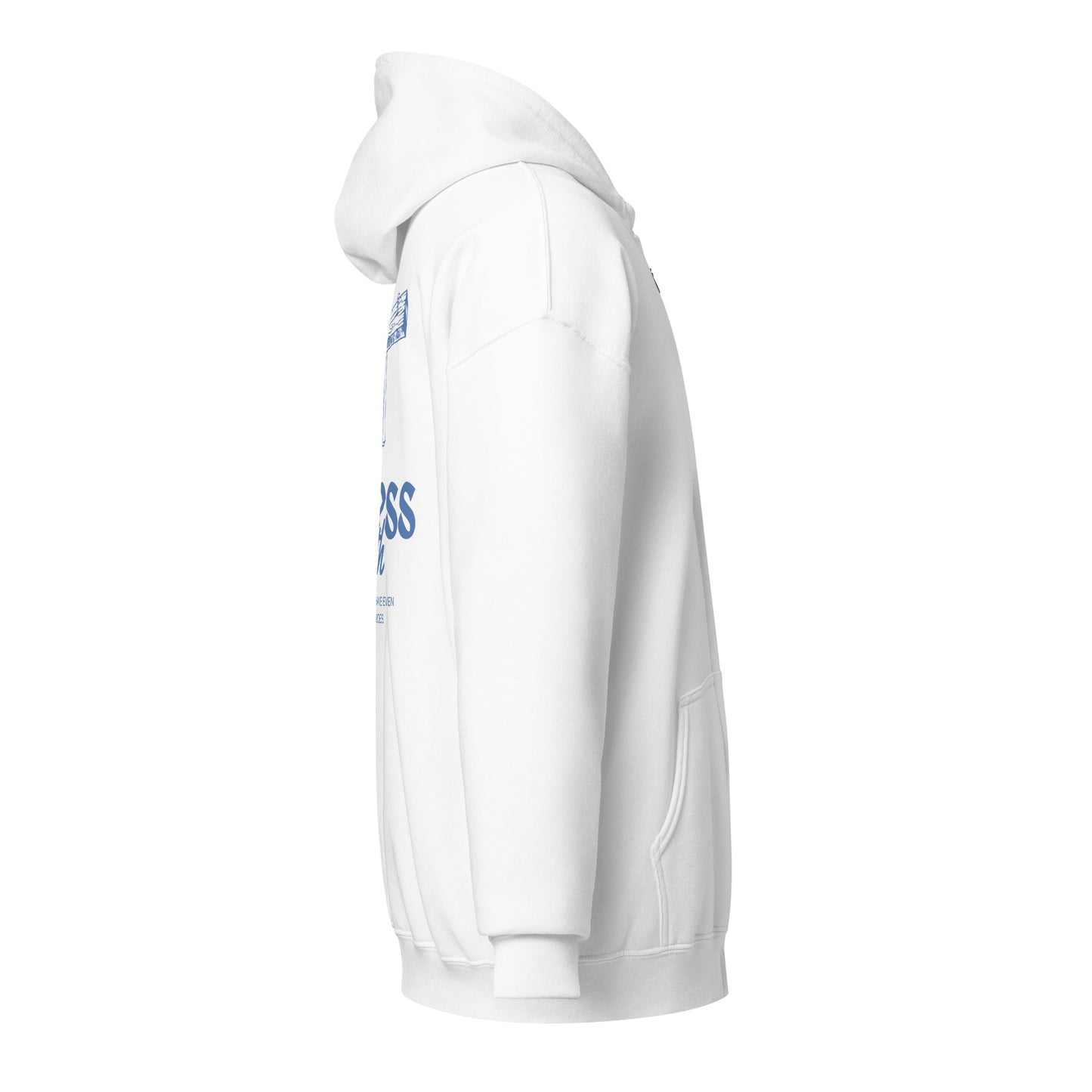 Side view of white Christian Zipper "Endless Faith" hoodie, highlighting stylish design with front pockets and reinforced zipper, perfect Christliches Shirt.