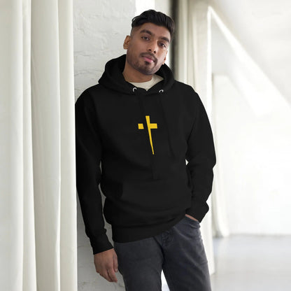 Stylish black hoodie featuring a cross design, inspired by Psalm 23, perfect for comfort and warmth in any casual setting.