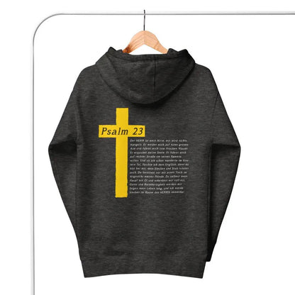 Hoodie mit Psalm 23 Motiv und Kreuz auf dem Rücken, stilvoll und komfortabel aus Baumwolle und Polyester gefertigt.