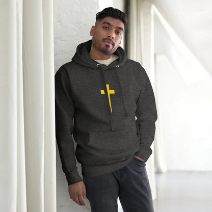 Man wearing a dark hoodie with a yellow cross, featuring Psalm 23 design on the back for comfort and style.