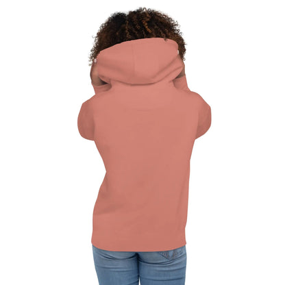 Rear view of a person wearing a cozy rose-colored hoodie from "geliebt gerettet" collection, showcasing a casual, stylish look.