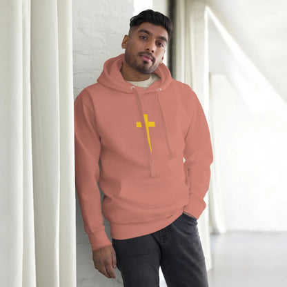 Man wearing a peach hoodie with a yellow cross design, featuring Psalm 23 motif on the back for comfort and style. High-quality cotton blend.