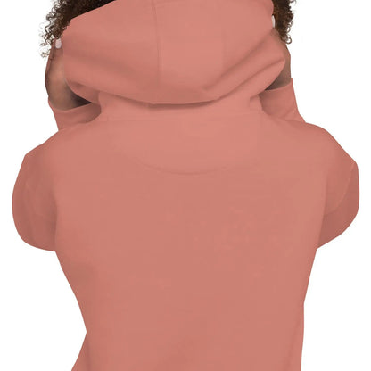 Back view of a coral-colored hoodie featuring a cross design and 'geliebt gerettet' text, highlighting soft cotton and durable polyester blend.
