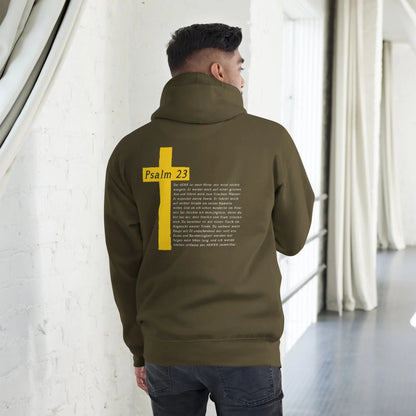 Hoodie mit Psalm 23 Motiv und Kreuz auf dem Rücken, aus Baumwolle und Polyester, bietet Komfort und trägt eine inspirierende Botschaft.