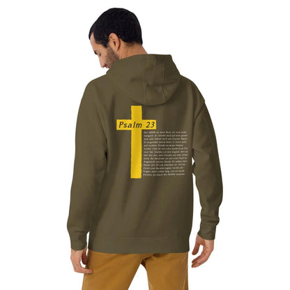 Alt Tag: Hoodie with Psalm 23 design on back, featuring a cross, in a blend of cotton and polyester for warmth and comfort.