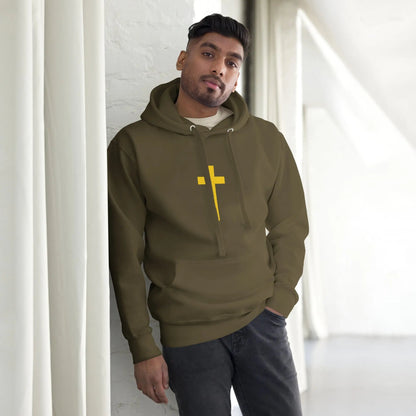 Model in a khaki hoodie featuring a cross and Psalm 23 design on the back, highlighting comfort and style.