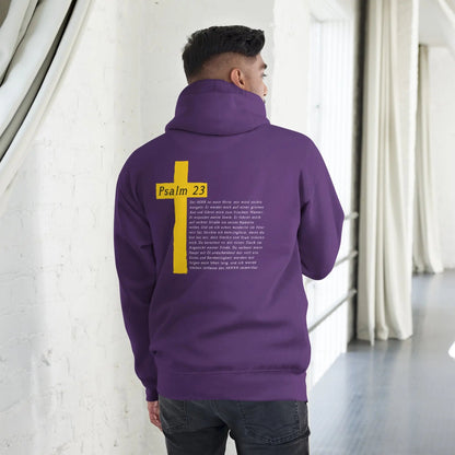 Purple hoodie with Psalm 23 cross design on the back, combining comfort and style with a meaningful message.