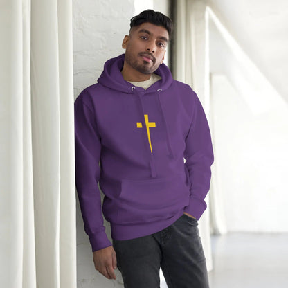 Man wearing purple hoodie with Psalm 23 cross design, showcasing comfort and inspiration.