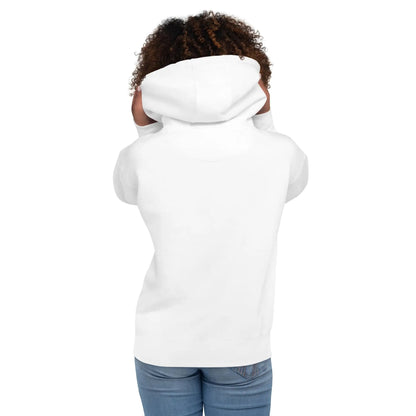 Person wearing a white hoodie with "geliebt gerettet" and cross design, showcasing the back view in a casual setting.