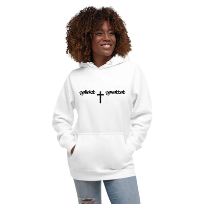 Woman wearing a white hoodie with the text 'geliebt gerettet' and a cross design, showcasing style and comfort.