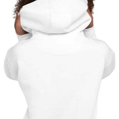 Person wearing a white hoodie from the back, showcasing the soft and comfortable design. Perfect for casual wear and versatile styling.