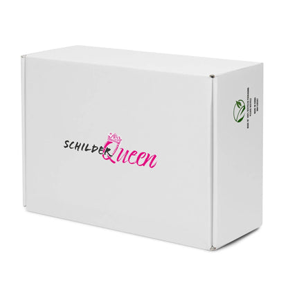 White packaging box with SchilderQueen logo in black and pink, featuring an eco-friendly symbol.
