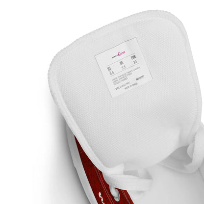Inside view of "Just Married" sneaker with detailed size label, featuring stylish high-top design for weddings and special occasions.