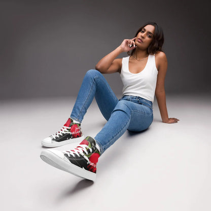 Woman wearing Just Married sneakers for women, sitting casually in jeans and a white tank top, showcasing stylish wedding shoe design.