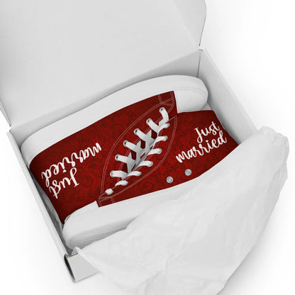 Just married women's sneakers in red with stylish design, perfect for weddings.