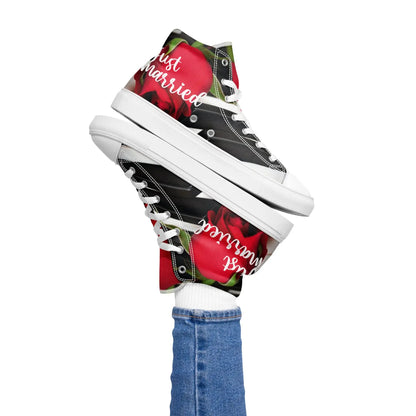 Women's high-top sneakers with 'Just Married' rose design, perfect for wedding day style and comfort.