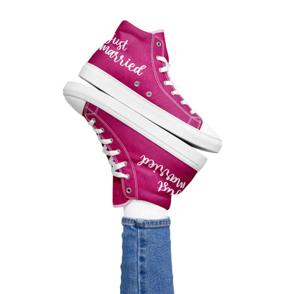 Pink high-top sneakers for women with 'Just Married' design, perfect for wedding day fashion and comfort.