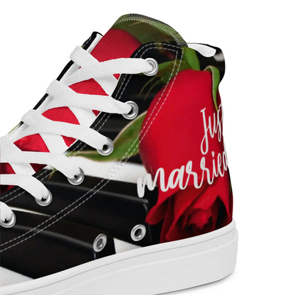 Women's "Just married" sneakers featuring classic design with a red rose motif, perfect for a stylish wedding look.