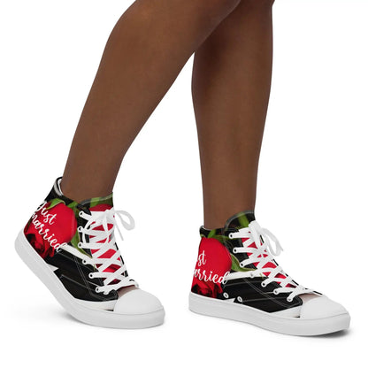 Women's 'Just Married' high top sneakers with stylish design, perfect for weddings, featuring bold red and black colors.
