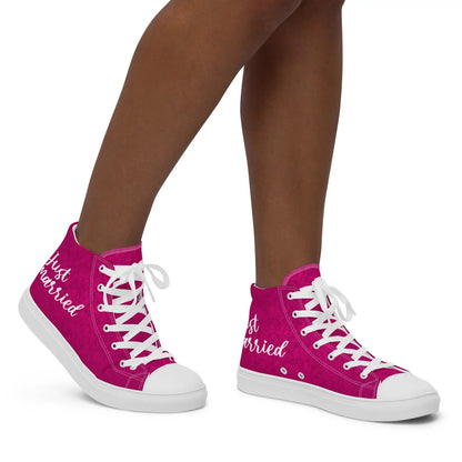 Women's 'Just Married' sneakers in vibrant pink with white laces, perfect for a stylish wedding day look.