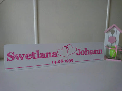 Custom wedding car license plate with names and date, featuring a heart design, perfect for wedding decoration and photography.