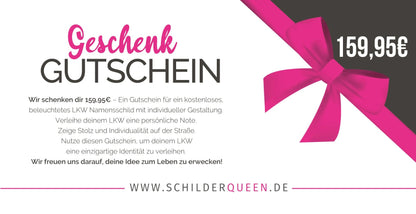 Geschenkgutschein im Wert von 159,95€ mit pinker Schleife von schilderqueen.de, ideal für flexible und kreative Geschenkoptionen.