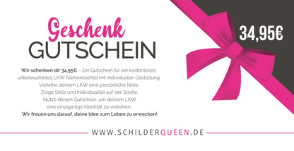 Geschenkgutschein from Schilderqueen.de for 34.95€, featuring a pink bow and customizable options for personal gifts.