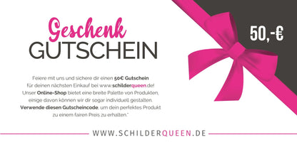 "Geschenkgutschein 50 Euro von Schilderqueen.de mit pinker Schleife auf weißem Hintergrund."