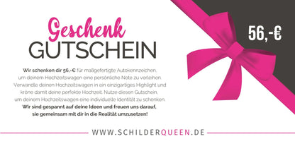 Geschenkgutschein von schilderqueen.de mit rosa Schleife und 56 Euro Wert, perfekt für flexible und individuelle Geschenkideen.