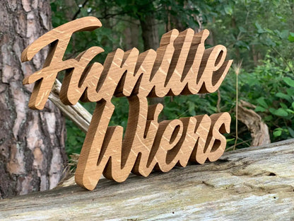 3D family name sign made from solid wood, elegant outdoor decor with customizable fonts, perfect for personalized touch.