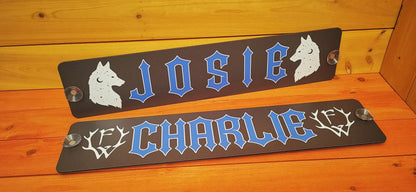 Custom LKW nameplates for trucks featuring 'Josie' and 'Charlie' with wolf and antler designs on aluminum composite panels.