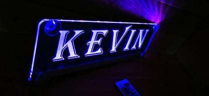 Illuminated LED truck nameplate "Kevin" in blue with suction cup mount, perfect for personalized LKW decorations.