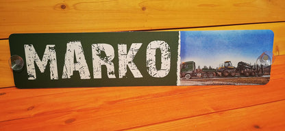 Personalized LKW nameplate with the name 'Marko' and a custom truck design, printed on aluminum composite for windshield display.