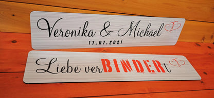 Individually designed wedding car license plates with names and date, elegant for memorable wedding photoshoot.