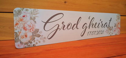 Custom wedding car license plate with floral design and wedding date, ideal for bridal car decorations.