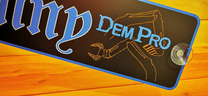 Personalized LKW name plate with suction cups, featuring unique blue and gold design, printed on aluminum composite board.