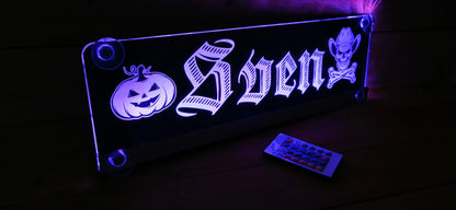 Illuminated LED truck nameplate with 'Sven' design, featuring a Halloween pumpkin and cowboy motif, includes remote control.